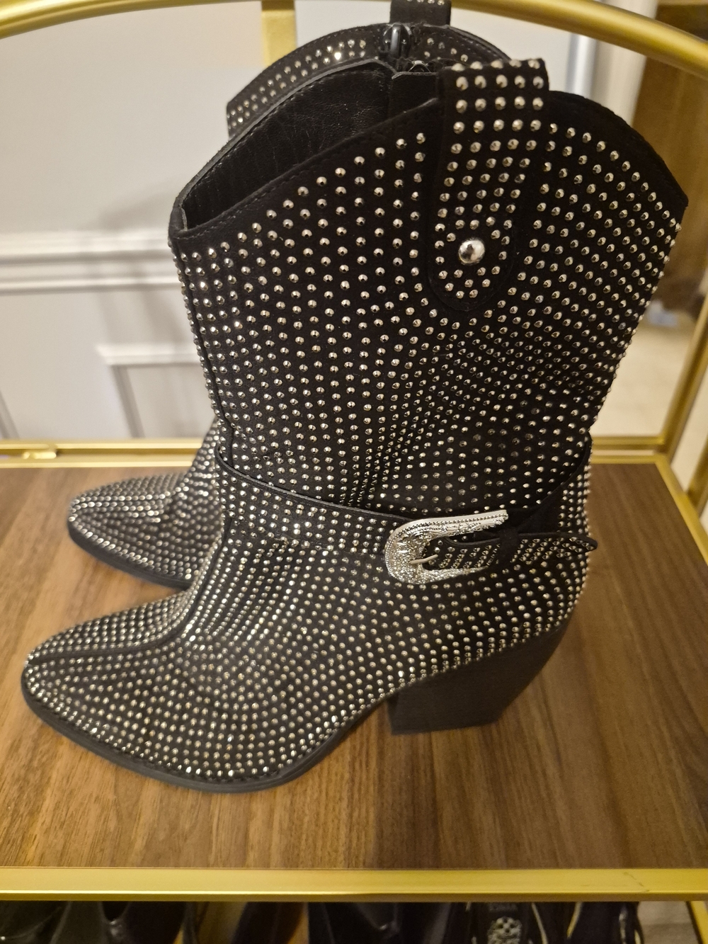 Black Studded Western Ankle Boots with Buckle